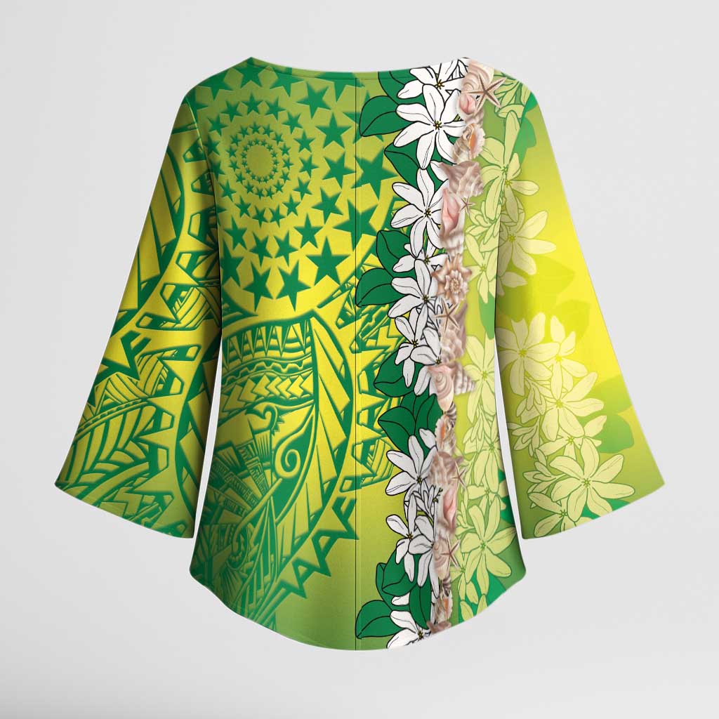 Cook Islands Tiare Maori With Conch Shell Kimono Sleeve Blouse Pasifika Fest Polynesian Tattoo Green