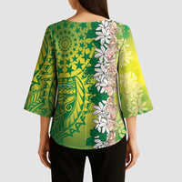 Cook Islands Tiare Maori With Conch Shell Kimono Sleeve Blouse Pasifika Fest Polynesian Tattoo Green