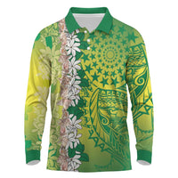 Cook Islands Tiare Maori With Conch Shell Long Sleeve Polo Shirt Pasifika Fest Polynesian Tattoo Green LT14 Green - Polynesian Pride