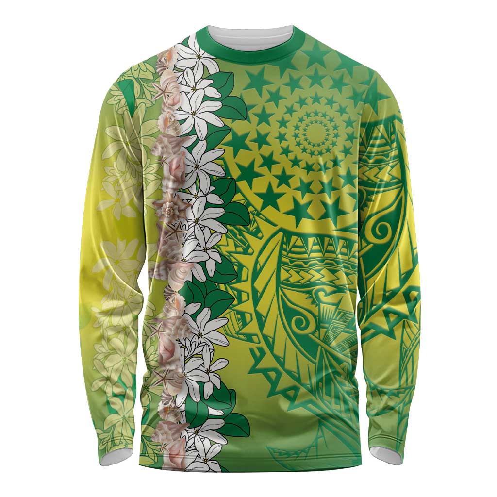 Cook Islands Tiare Maori With Conch Shell Long Sleeve Shirt Pasifika Fest Polynesian Tattoo Green LT14 Unisex Green - Polynesian Pride