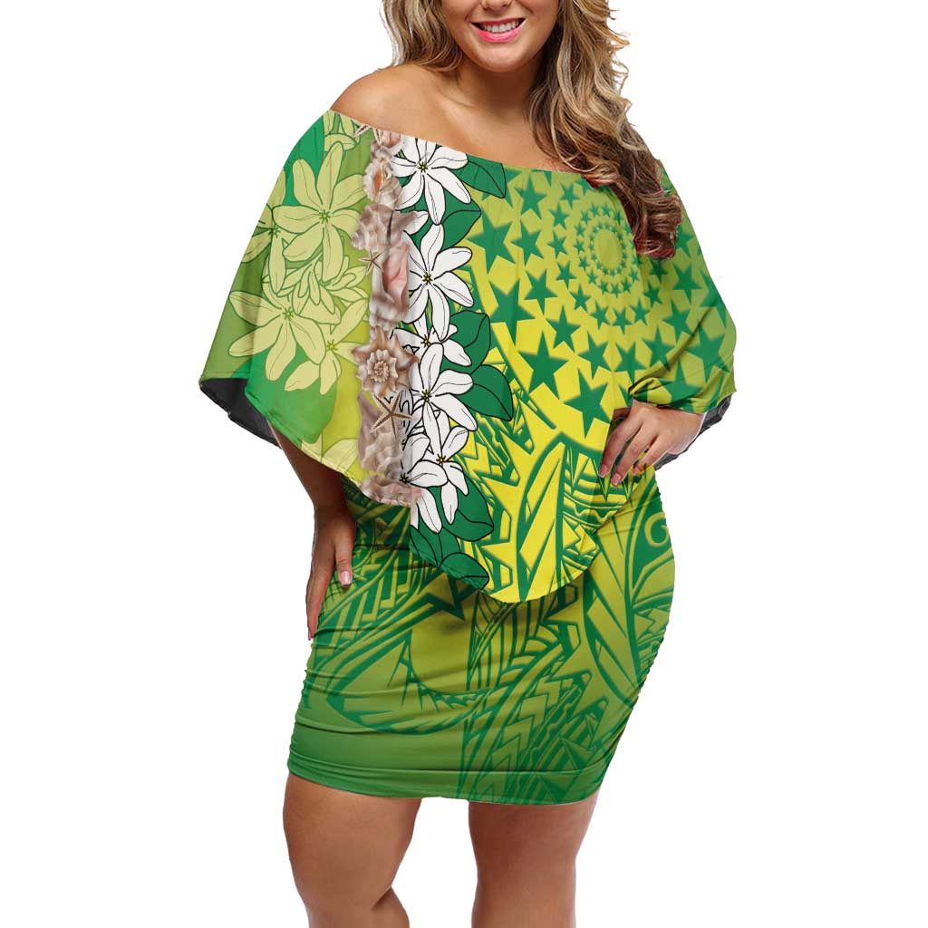 Cook Islands Tiare Maori With Conch Shell Off Shoulder Short Dress Pasifika Fest Polynesian Tattoo Green