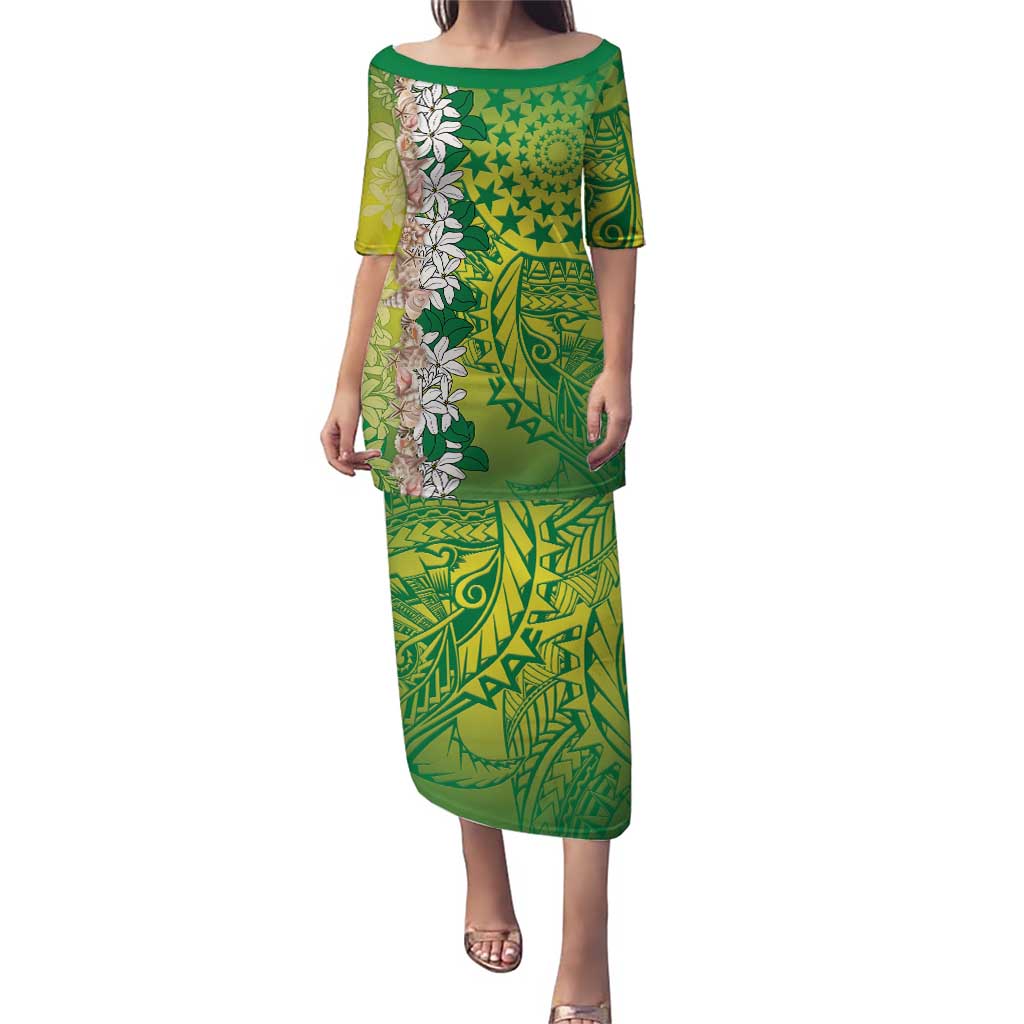 Cook Islands Tiare Maori With Conch Shell Puletasi Pasifika Fest Polynesian Tattoo Green LT14 Long Dress Green - Polynesian Pride