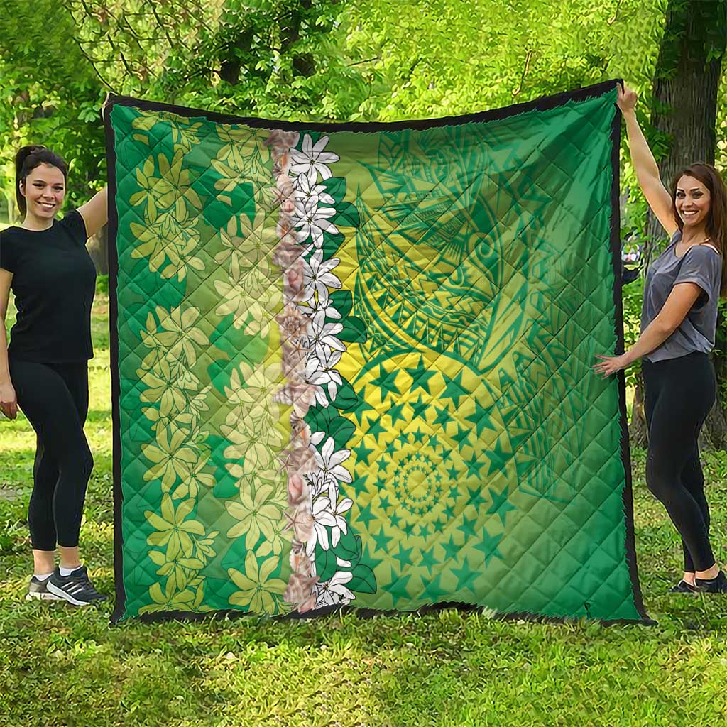 Cook Islands Tiare Maori With Conch Shell Quilt Pasifika Fest Polynesian Tattoo Green LT14 - Polynesian Pride