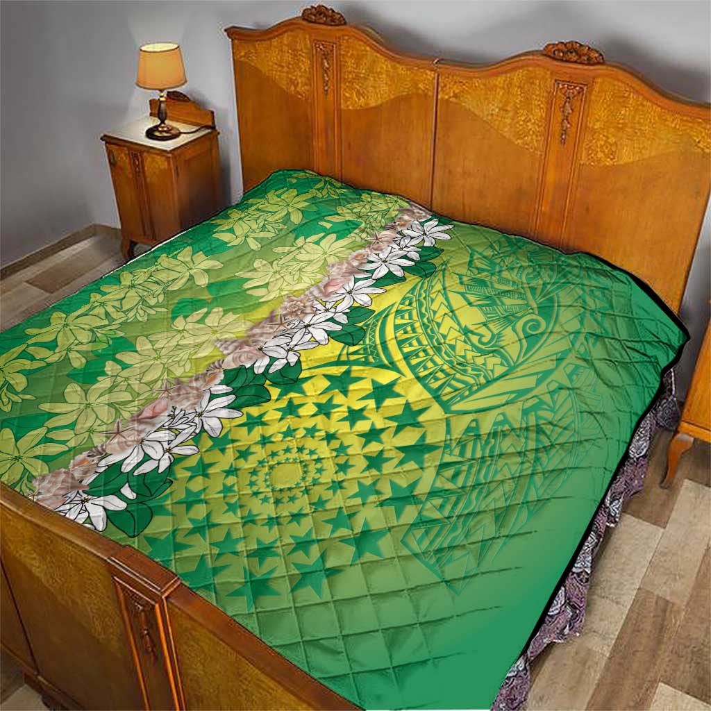 Cook Islands Tiare Maori With Conch Shell Quilt Pasifika Fest Polynesian Tattoo Green LT14 - Polynesian Pride