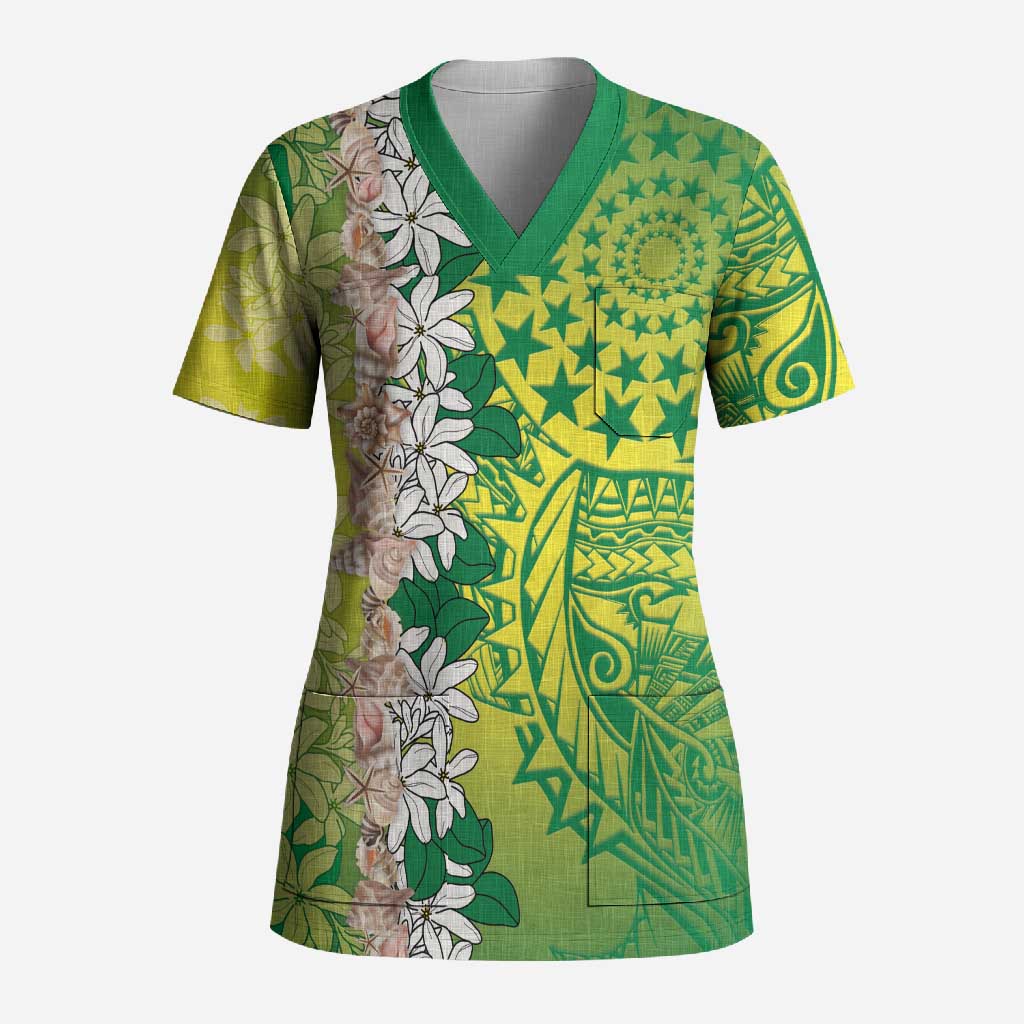 Cook Islands Tiare Maori With Conch Shell Scrub Top Pasifika Fest Polynesian Tattoo Green LT14 Adult Green - Polynesian Pride