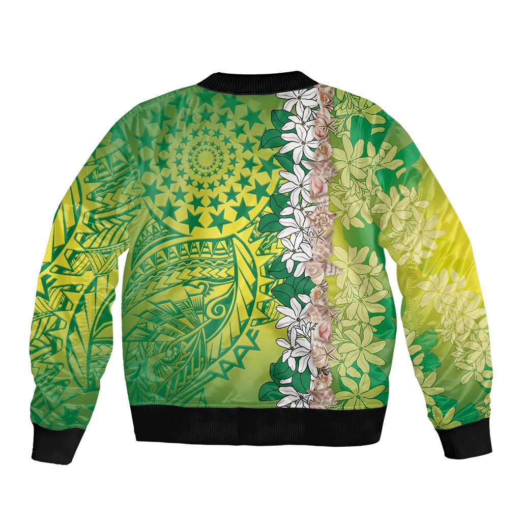 Cook Islands Tiare Maori With Conch Shell Sleeve Zip Bomber Jacket Pasifika Fest Polynesian Tattoo Green