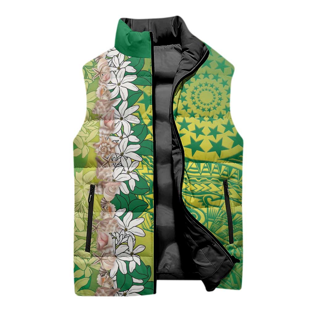 Cook Islands Tiare Maori With Conch Shell Sleeveless Puffer Jacket Pasifika Fest Polynesian Tattoo Green
