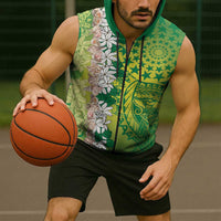 Cook Islands Tiare Maori With Conch Shell Sleeveless Zip Hoodie Pasifika Fest Polynesian Tattoo Green LT14 - Polynesian Pride