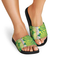 Cook Islands Tiare Maori With Conch Shell Slide Sandals Pasifika Fest Polynesian Tattoo Green
