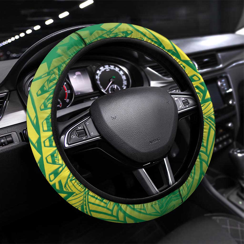 Cook Islands Tiare Maori With Conch Shell Steering Wheel Cover Pasifika Fest Polynesian Tattoo Green LT14 Universal Fit Green - Polynesian Pride