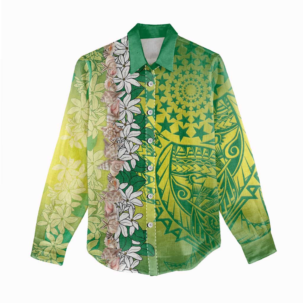 Cook Islands Tiare Maori With Conch Shell Women Casual Shirt Pasifika Fest Polynesian Tattoo Green LT14 - Polynesian Pride