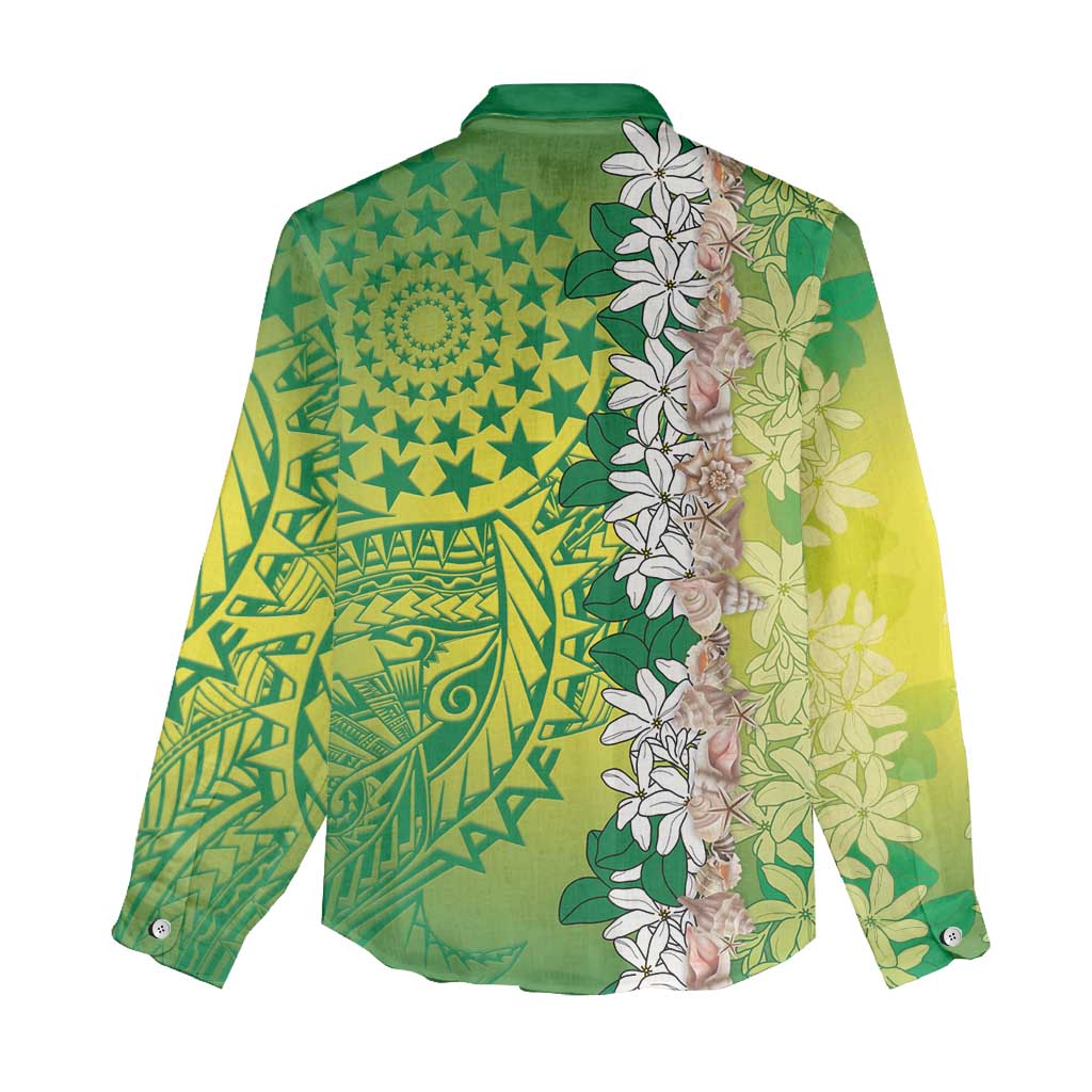 Cook Islands Tiare Maori With Conch Shell Women Casual Shirt Pasifika Fest Polynesian Tattoo Green LT14 - Polynesian Pride
