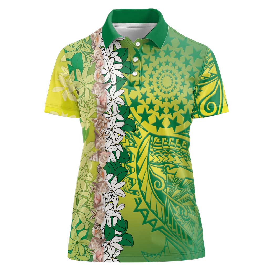 Cook Islands Tiare Maori With Conch Shell Women Polo Shirt Pasifika Fest Polynesian Tattoo Green LT14 Female Green - Polynesian Pride