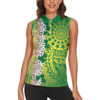 Cook Islands Tiare Maori With Conch Shell Women Sleeveless Polo Shirt Pasifika Fest Polynesian Tattoo Green LT14 - Polynesian Pride