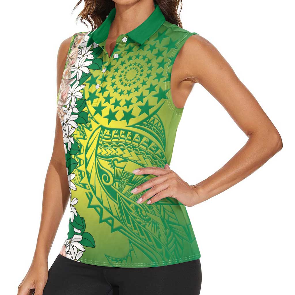 Cook Islands Tiare Maori With Conch Shell Women Sleeveless Polo Shirt Pasifika Fest Polynesian Tattoo Green LT14 - Polynesian Pride