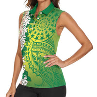 Cook Islands Tiare Maori With Conch Shell Women Sleeveless Polo Shirt Pasifika Fest Polynesian Tattoo Green LT14 - Polynesian Pride