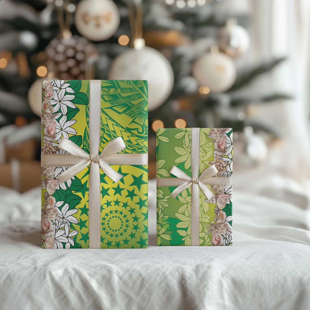 Cook Islands Tiare Maori With Conch Shell Wrapping Paper Pasifika Fest Polynesian Tattoo Green