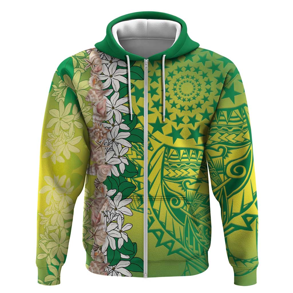 Cook Islands Tiare Maori With Conch Shell Zip Hoodie Pasifika Fest Polynesian Tattoo Green LT14 Zip Hoodie Green - Polynesian Pride