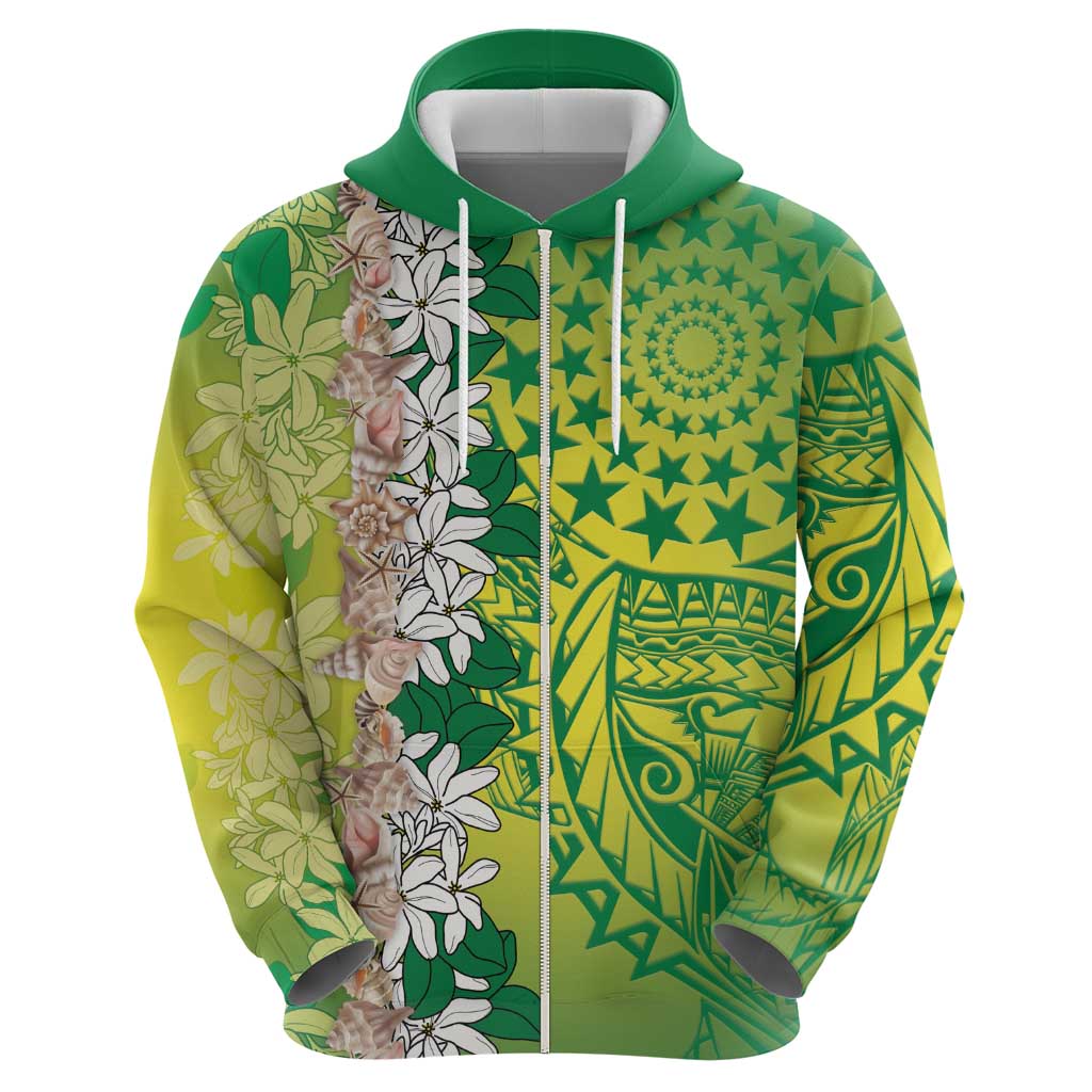 Cook Islands Tiare Maori With Conch Shell Zip Hoodie Pasifika Fest Polynesian Tattoo Green LT14 - Polynesian Pride