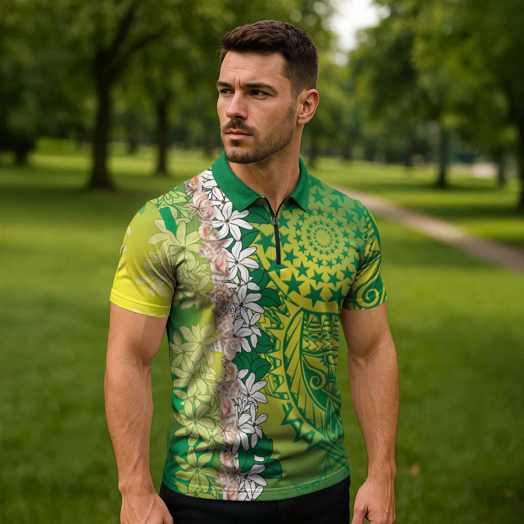 Cook Islands Tiare Maori With Conch Shell Zipper Polo Shirt Pasifika Fest Polynesian Tattoo Green LT14 - Polynesian Pride