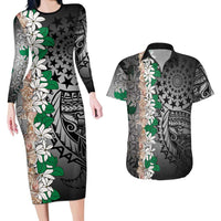 Cook Islands Tiare Maori With Conch Shell Couples Matching Long Sleeve Bodycon Dress and Hawaiian Shirt Pasifika Fest Polynesian Tattoo Black