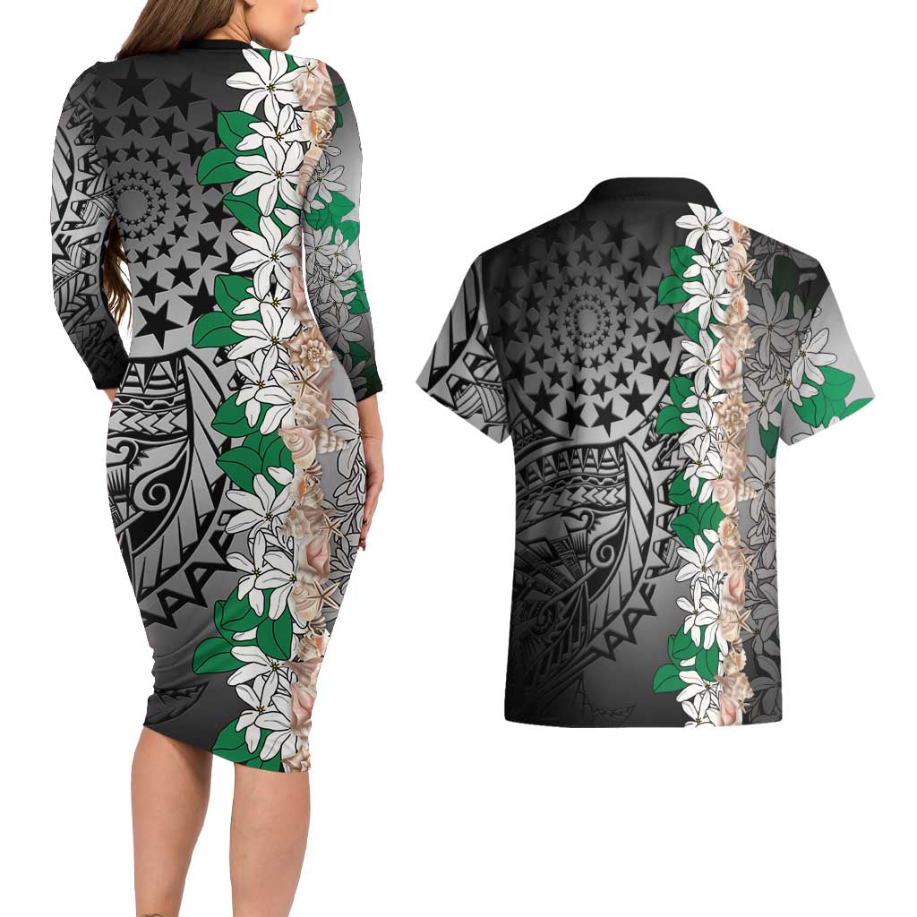 Cook Islands Tiare Maori With Conch Shell Couples Matching Long Sleeve Bodycon Dress and Hawaiian Shirt Pasifika Fest Polynesian Tattoo Black