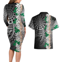 Cook Islands Tiare Maori With Conch Shell Couples Matching Long Sleeve Bodycon Dress and Hawaiian Shirt Pasifika Fest Polynesian Tattoo Black