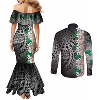 Cook Islands Tiare Maori With Conch Shell Couples Matching Mermaid Dress and Long Sleeve Button Shirt Pasifika Fest Polynesian Tattoo Black LT14 - Polynesian Pride