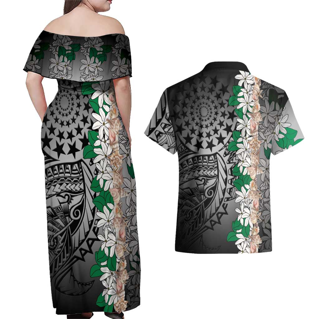 Cook Islands Tiare Maori With Conch Shell Couples Matching Off Shoulder Maxi Dress and Hawaiian Shirt Pasifika Fest Polynesian Tattoo Black LT14 - Polynesian Pride