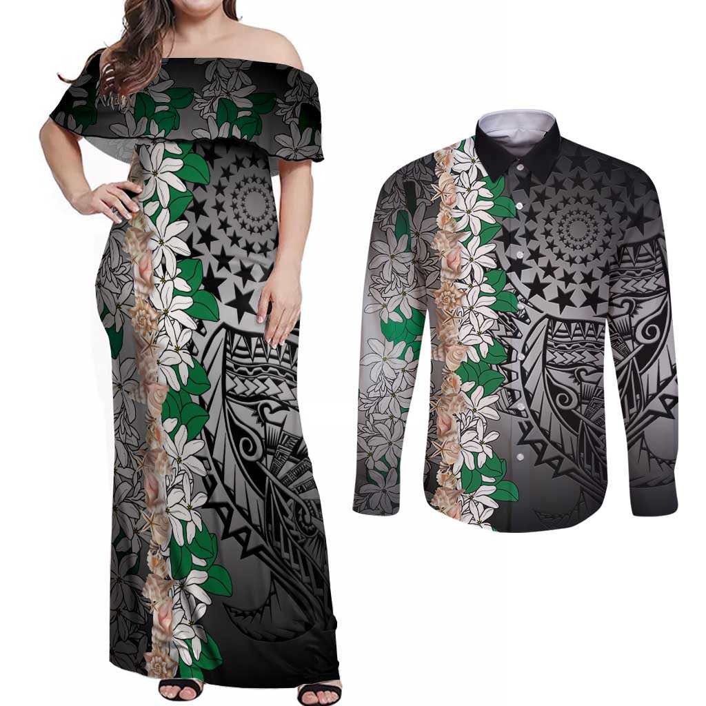 Cook Islands Tiare Maori With Conch Shell Couples Matching Off Shoulder Maxi Dress and Long Sleeve Button Shirt Pasifika Fest Polynesian Tattoo Black LT14 Black - Polynesian Pride