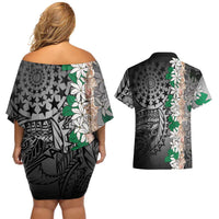 Cook Islands Tiare Maori With Conch Shell Couples Matching Off Shoulder Short Dress and Hawaiian Shirt Pasifika Fest Polynesian Tattoo Black LT14 - Polynesian Pride