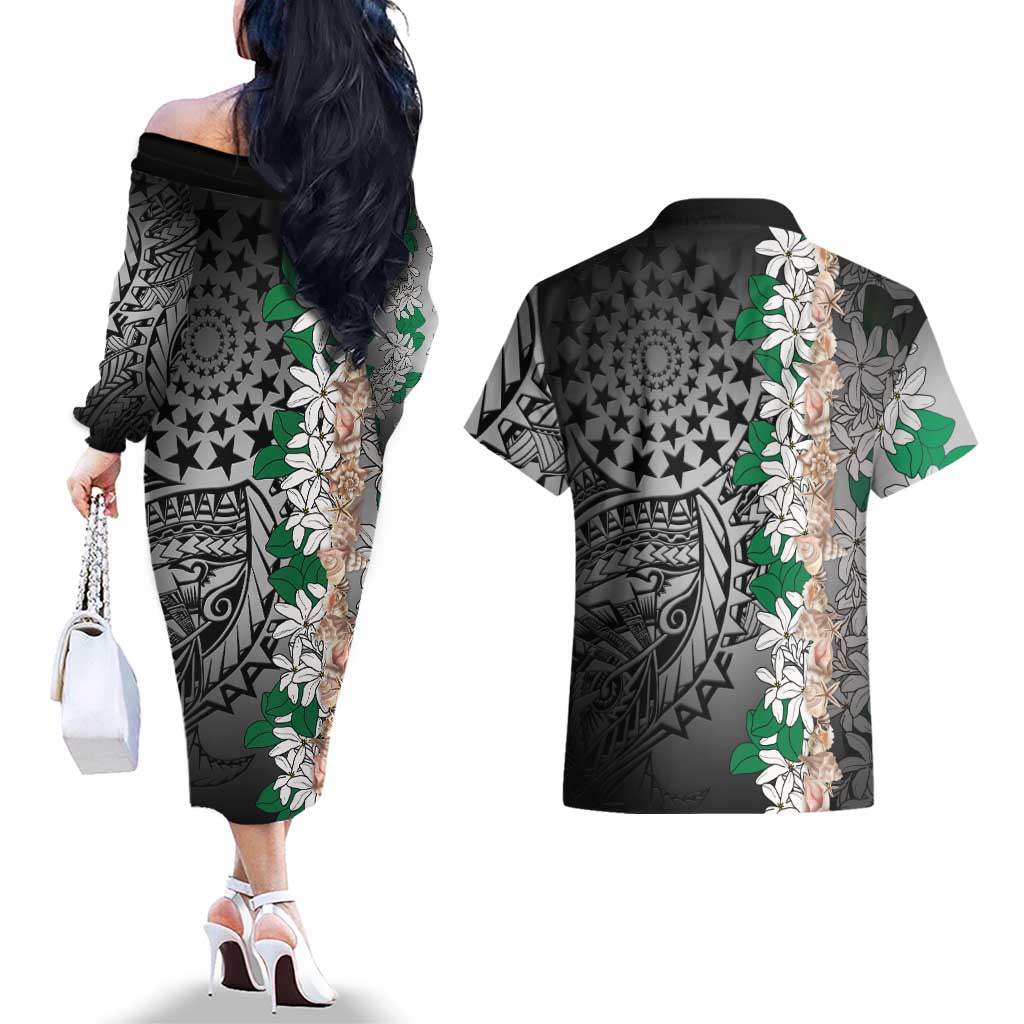 Cook Islands Tiare Maori With Conch Shell Couples Matching Off The Shoulder Long Sleeve Dress and Hawaiian Shirt Pasifika Fest Polynesian Tattoo Black