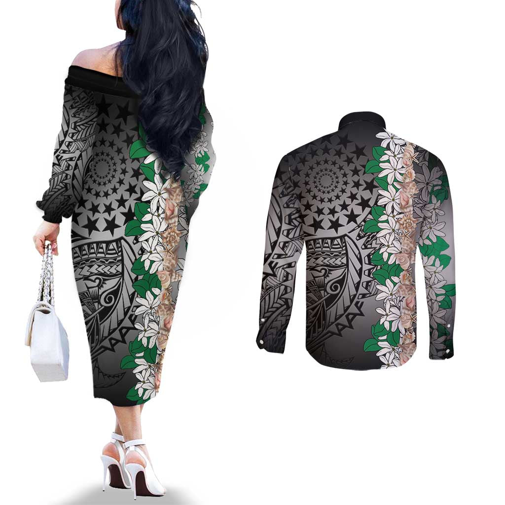 Cook Islands Tiare Maori With Conch Shell Couples Matching Off The Shoulder Long Sleeve Dress and Long Sleeve Button Shirt Pasifika Fest Polynesian Tattoo Black LT14 - Polynesian Pride