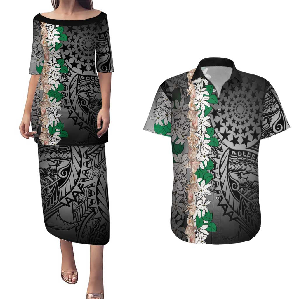 Cook Islands Tiare Maori With Conch Shell Couples Matching Puletasi and Hawaiian Shirt Pasifika Fest Polynesian Tattoo Black LT14 Black - Polynesian Pride