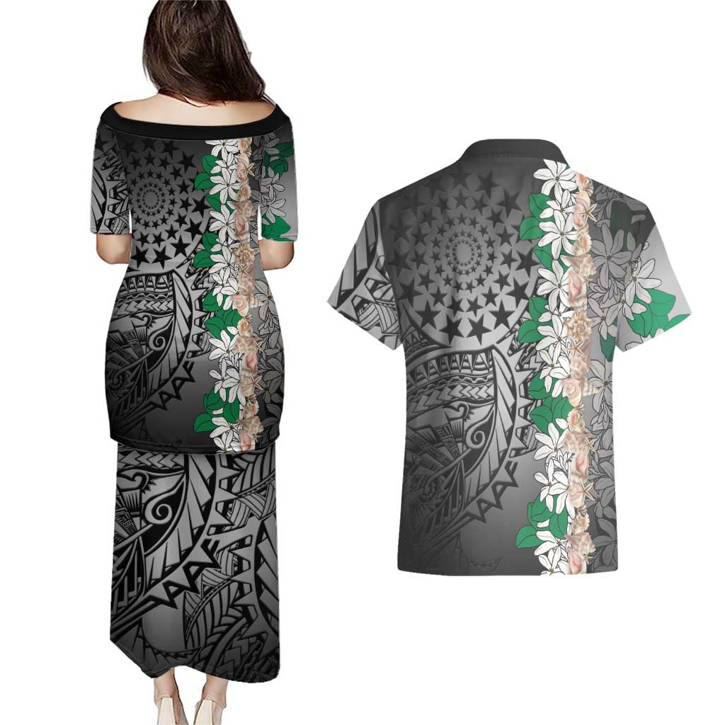 Cook Islands Tiare Maori With Conch Shell Couples Matching Puletasi and Hawaiian Shirt Pasifika Fest Polynesian Tattoo Black LT14 - Polynesian Pride