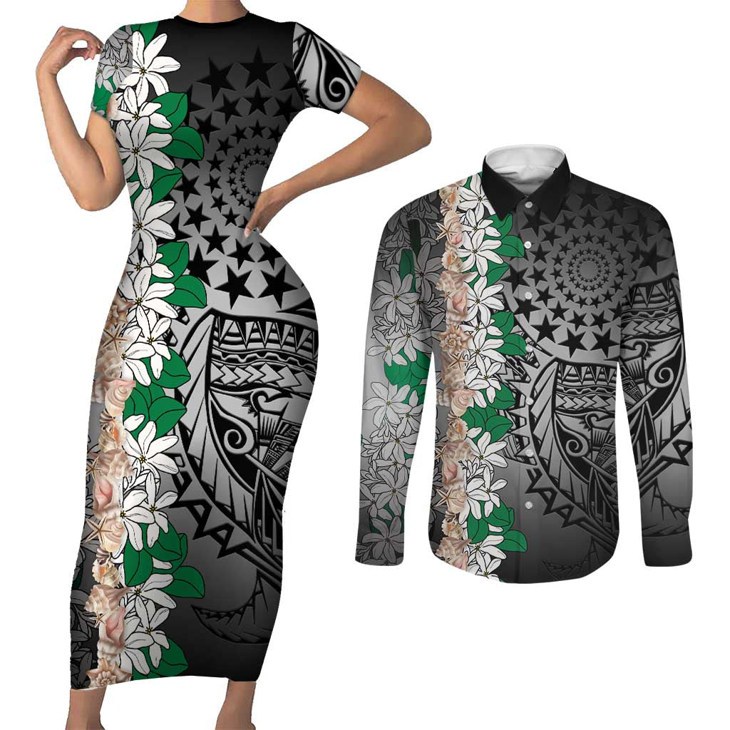 Cook Islands Tiare Maori With Conch Shell Couples Matching Short Sleeve Bodycon Dress and Long Sleeve Button Shirt Pasifika Fest Polynesian Tattoo Black
