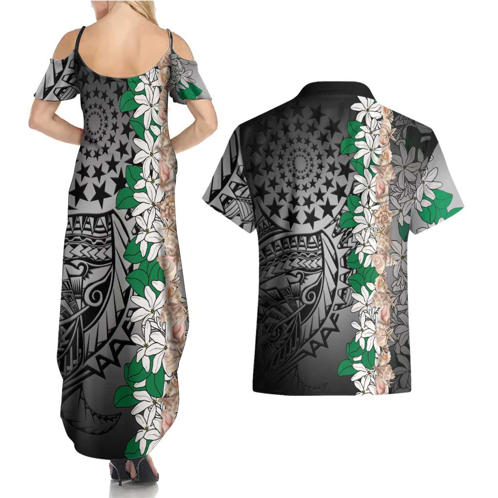 Cook Islands Tiare Maori With Conch Shell Couples Matching Summer Maxi Dress and Hawaiian Shirt Pasifika Fest Polynesian Tattoo Black LT14 - Polynesian Pride