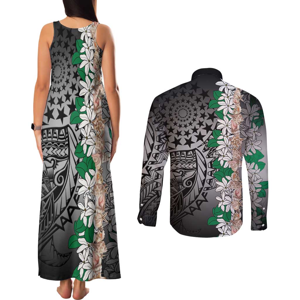 Cook Islands Tiare Maori With Conch Shell Couples Matching Tank Maxi Dress and Long Sleeve Button Shirt Pasifika Fest Polynesian Tattoo Black LT14 - Polynesian Pride