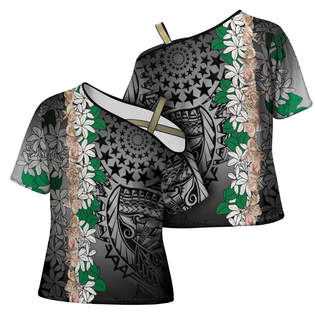Cook Islands Tiare Maori With Conch Shell Cross Shoulder Shirt Pasifika Fest Polynesian Tattoo Black
