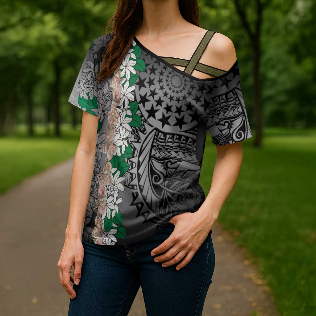 Cook Islands Tiare Maori With Conch Shell Cross Shoulder Shirt Pasifika Fest Polynesian Tattoo Black