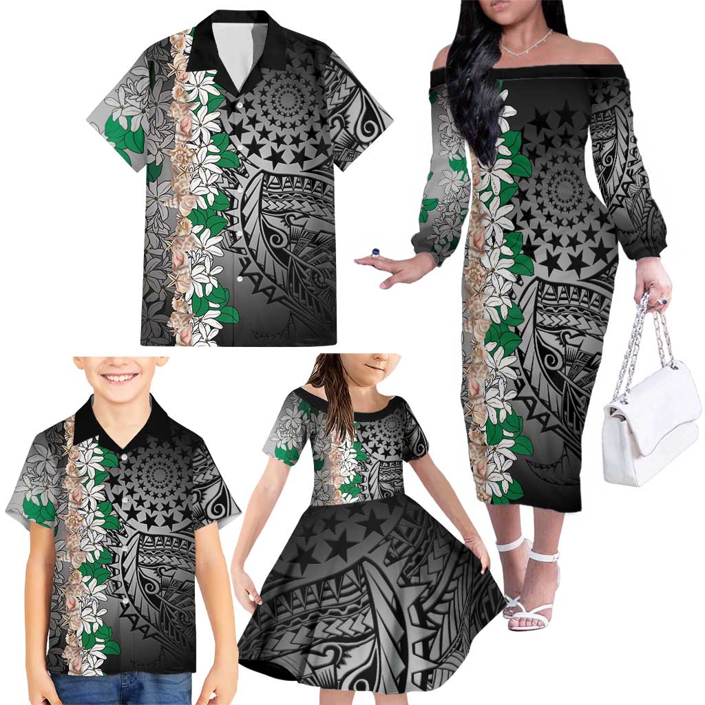 Cook Islands Tiare Maori With Conch Shell Family Matching Off The Shoulder Long Sleeve Dress and Hawaiian Shirt Pasifika Fest Polynesian Tattoo Black