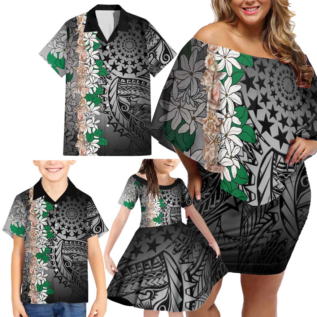 Cook Islands Tiare Maori With Conch Shell Family Matching Off Shoulder Short Dress and Hawaiian Shirt Pasifika Fest Polynesian Tattoo Black