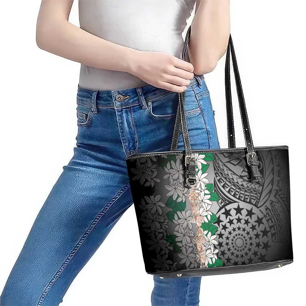 Cook Islands Tiare Maori With Conch Shell Leather Tote Bag Pasifika Fest Polynesian Tattoo Black