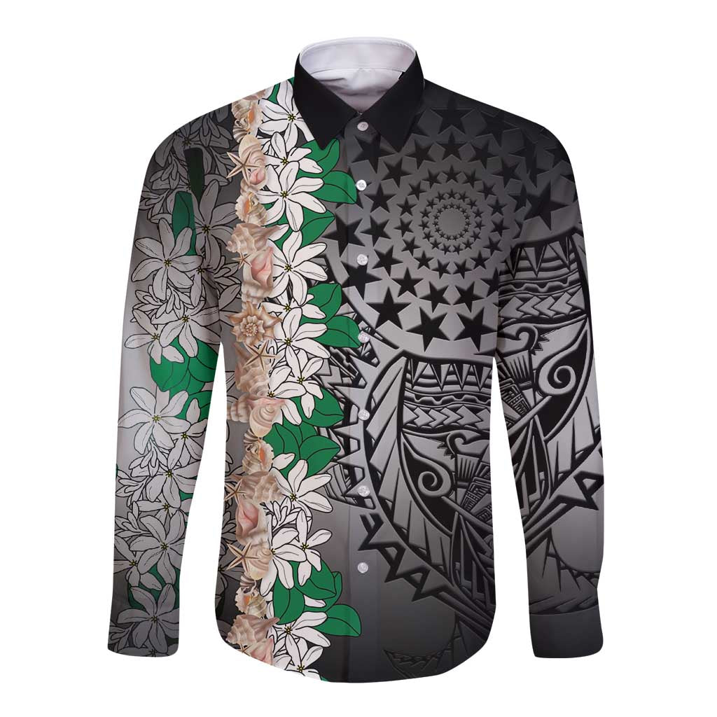 Cook Islands Tiare Maori With Conch Shell Long Sleeve Button Shirt Pasifika Fest Polynesian Tattoo Black