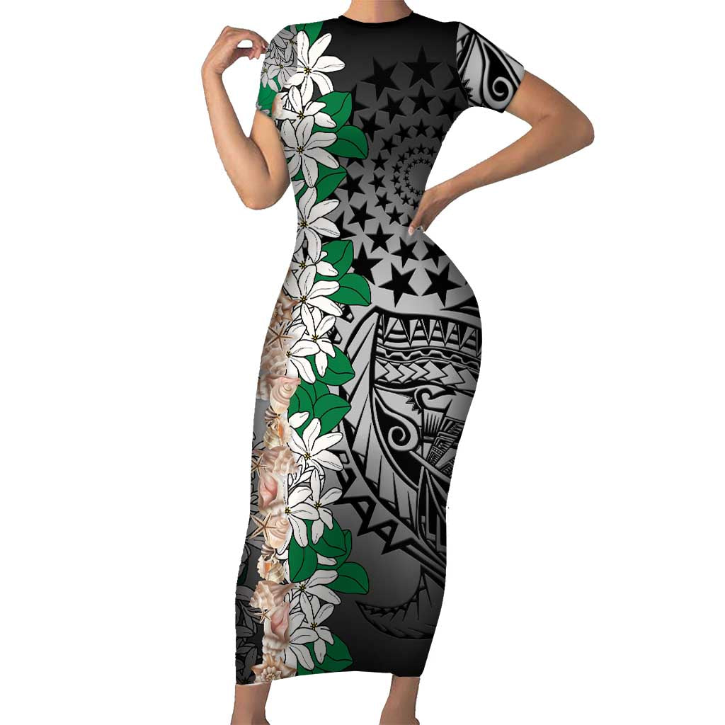 Cook Islands Tiare Maori With Conch Shell Short Sleeve Bodycon Dress Pasifika Fest Polynesian Tattoo Black LT14 Long Dress Black - Polynesian Pride