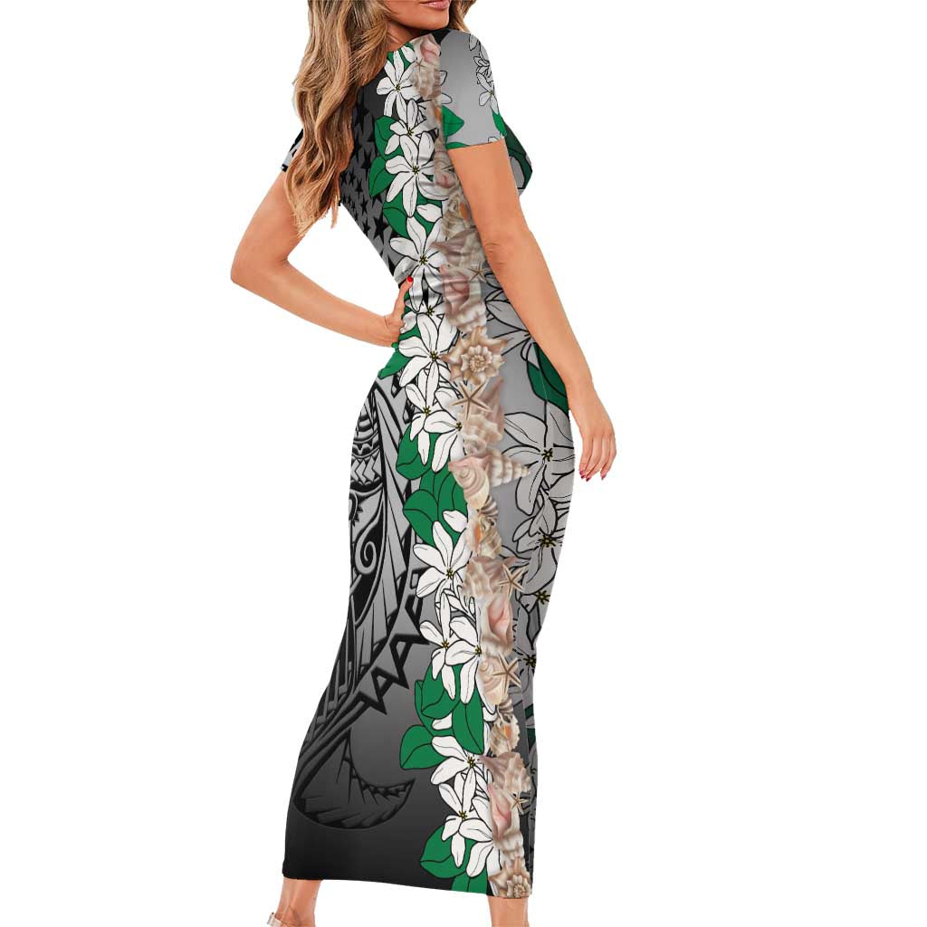 Cook Islands Tiare Maori With Conch Shell Short Sleeve Bodycon Dress Pasifika Fest Polynesian Tattoo Black LT14 - Polynesian Pride