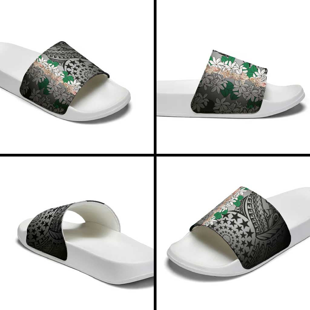 Cook Islands Tiare Maori With Conch Shell Slide Sandals Pasifika Fest Polynesian Tattoo Black