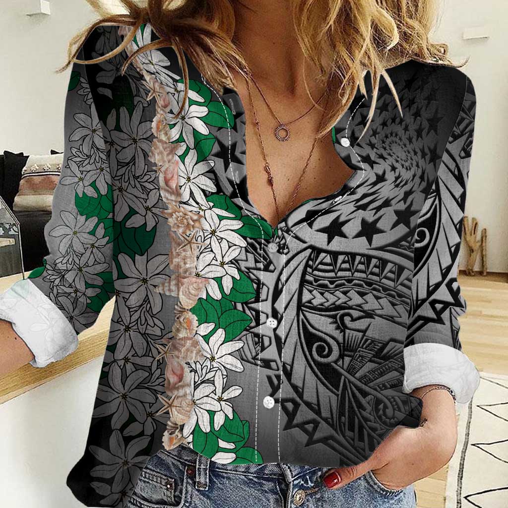 Cook Islands Tiare Maori With Conch Shell Women Casual Shirt Pasifika Fest Polynesian Tattoo Black LT14 Female Black - Polynesian Pride