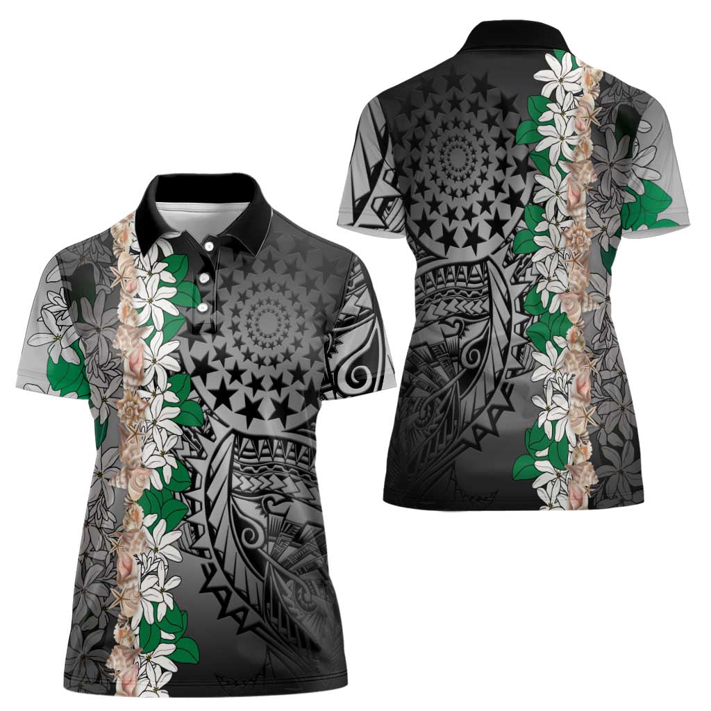 Cook Islands Tiare Maori With Conch Shell Women Polo Shirt Pasifika Fest Polynesian Tattoo Black LT14 - Polynesian Pride