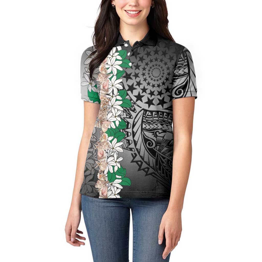 Cook Islands Tiare Maori With Conch Shell Women Polo Shirt Pasifika Fest Polynesian Tattoo Black LT14 - Polynesian Pride